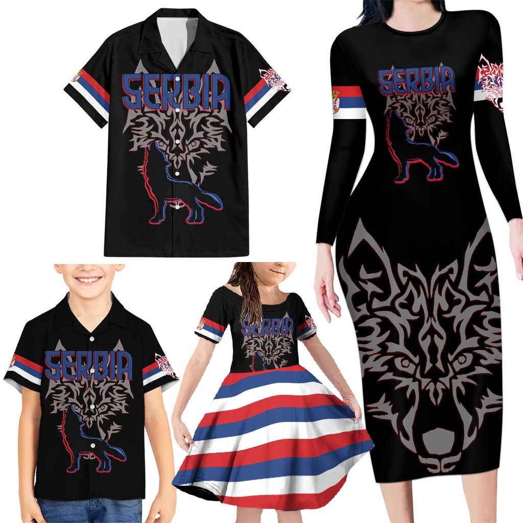 Serbia Family Matching Long Sleeve Bodycon Dress and Hawaiian Shirt with Wolf Head Graphic, Howling Wolf, and National Flag Stripes
