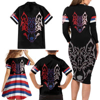 Serbia Family Matching Long Sleeve Bodycon Dress and Hawaiian Shirt with Wolf Head Graphic, Howling Wolf, and National Flag Stripes
