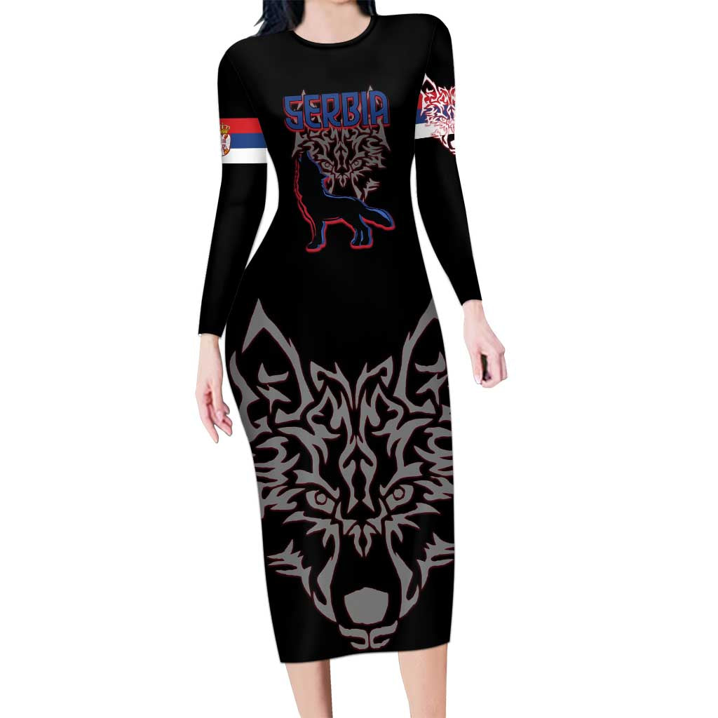 Serbia Family Matching Long Sleeve Bodycon Dress and Hawaiian Shirt with Wolf Head Graphic, Howling Wolf, and National Flag Stripes