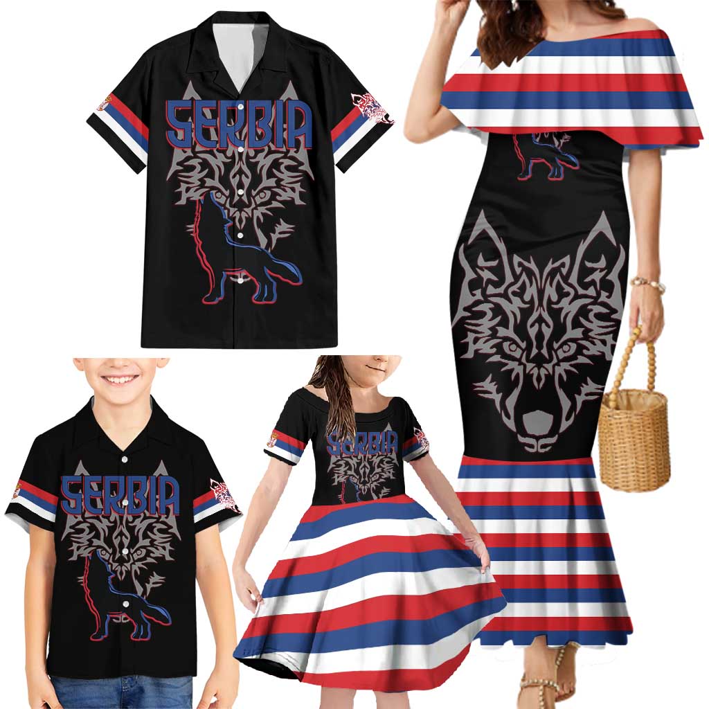 Serbia Family Matching Mermaid Dress and Hawaiian Shirt with Wolf Head Graphic, Howling Wolf, and National Flag Stripes