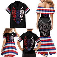 Serbia Family Matching Mermaid Dress and Hawaiian Shirt with Wolf Head Graphic, Howling Wolf, and National Flag Stripes