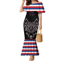 Serbia Family Matching Mermaid Dress and Hawaiian Shirt with Wolf Head Graphic, Howling Wolf, and National Flag Stripes