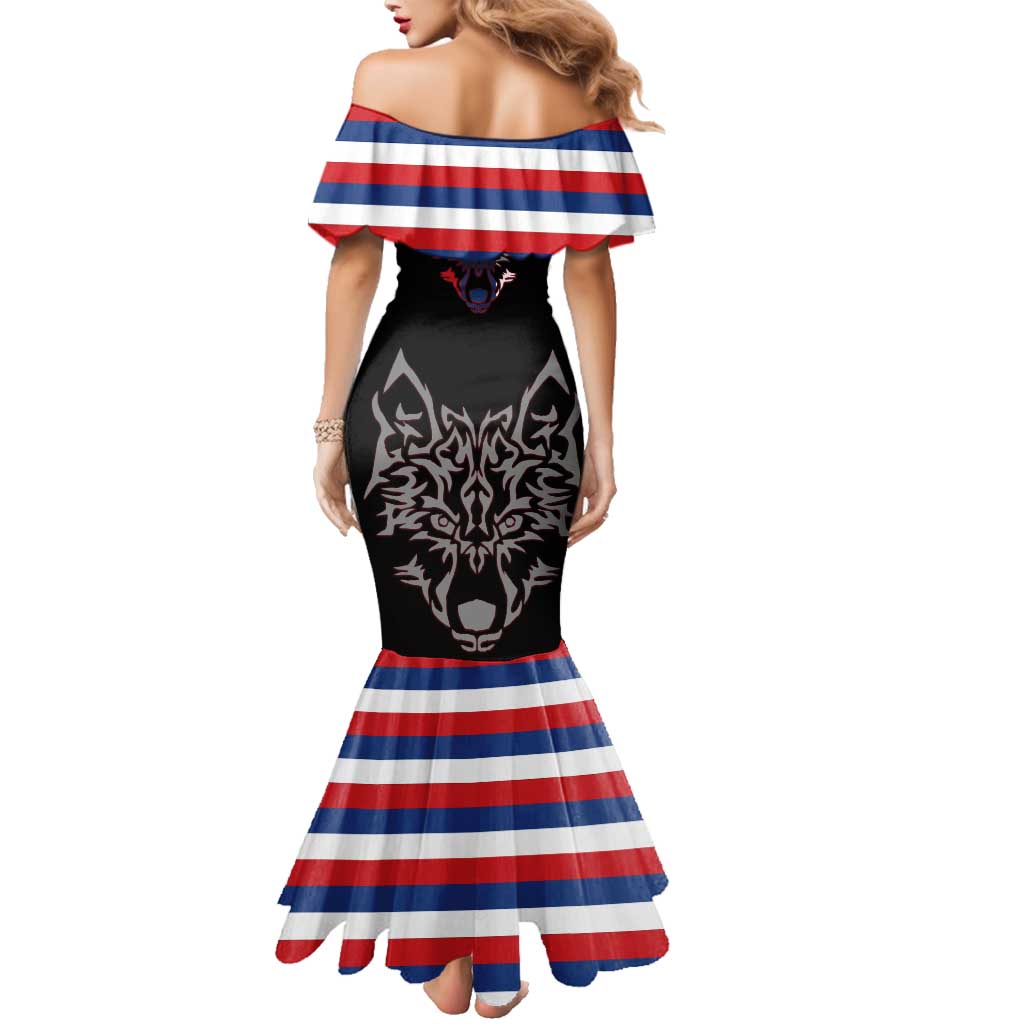 Serbia Family Matching Mermaid Dress and Hawaiian Shirt with Wolf Head Graphic, Howling Wolf, and National Flag Stripes
