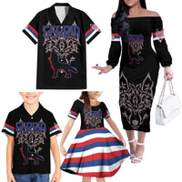 Serbia Family Matching Off The Shoulder Long Sleeve Dress and Hawaiian Shirt with Wolf Head Graphic, Howling Wolf, and National Flag Stripes