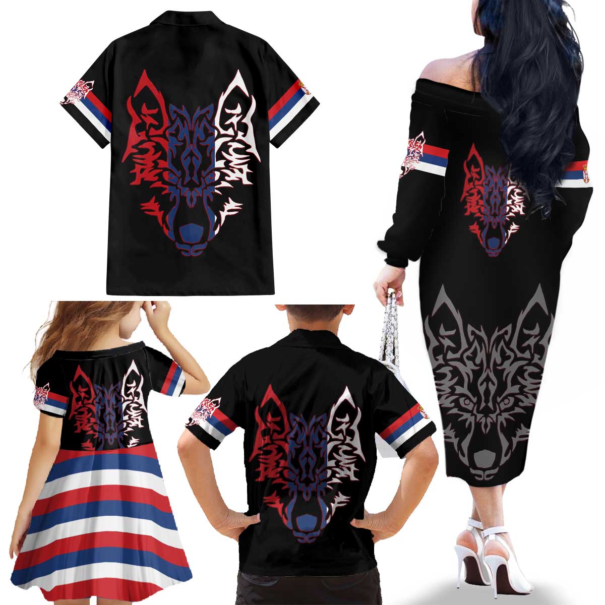 Serbia Family Matching Off The Shoulder Long Sleeve Dress and Hawaiian Shirt with Wolf Head Graphic, Howling Wolf, and National Flag Stripes