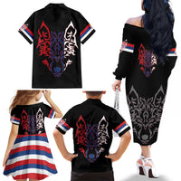 Serbia Family Matching Off The Shoulder Long Sleeve Dress and Hawaiian Shirt with Wolf Head Graphic, Howling Wolf, and National Flag Stripes