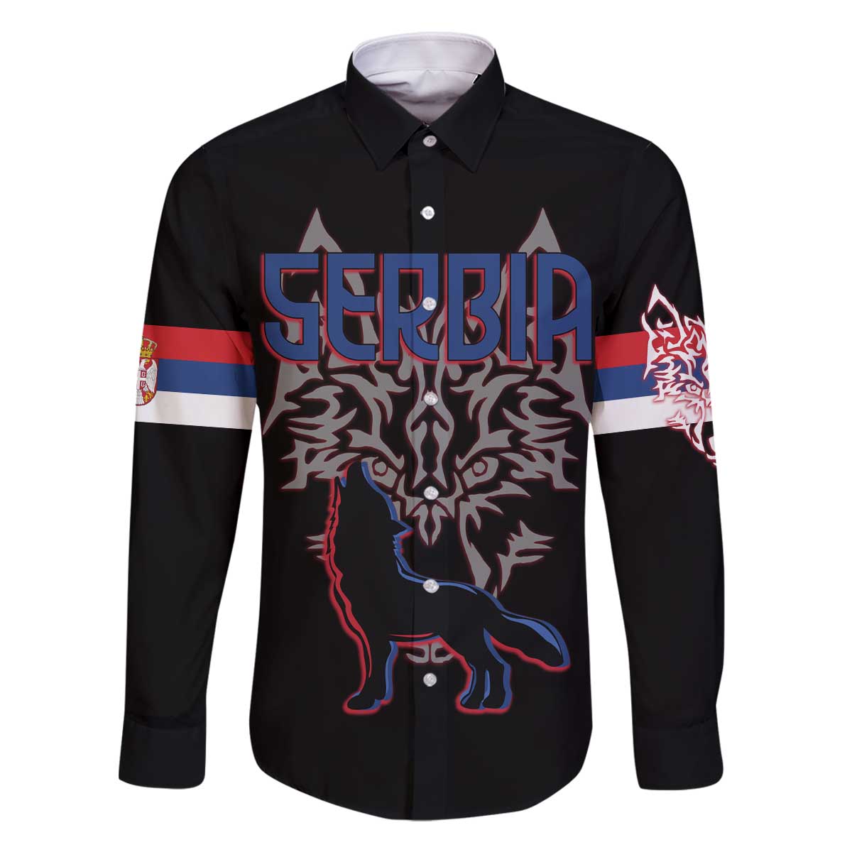 Serbia Family Matching Off The Shoulder Long Sleeve Dress and Hawaiian Shirt with Wolf Head Graphic, Howling Wolf, and National Flag Stripes