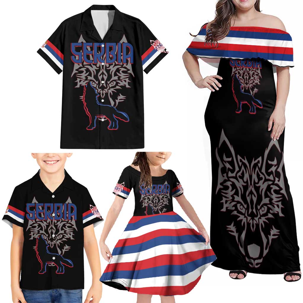 Serbia Family Matching Off Shoulder Maxi Dress and Hawaiian Shirt with Wolf Head Graphic, Howling Wolf, and National Flag Stripes