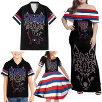 Serbia Family Matching Off Shoulder Maxi Dress and Hawaiian Shirt with Wolf Head Graphic, Howling Wolf, and National Flag Stripes