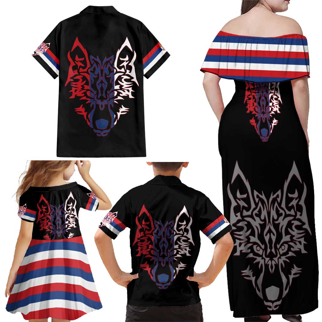 Serbia Family Matching Off Shoulder Maxi Dress and Hawaiian Shirt with Wolf Head Graphic, Howling Wolf, and National Flag Stripes