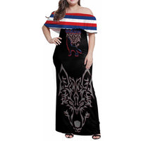 Serbia Family Matching Off Shoulder Maxi Dress and Hawaiian Shirt with Wolf Head Graphic, Howling Wolf, and National Flag Stripes