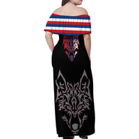 Serbia Family Matching Off Shoulder Maxi Dress and Hawaiian Shirt with Wolf Head Graphic, Howling Wolf, and National Flag Stripes