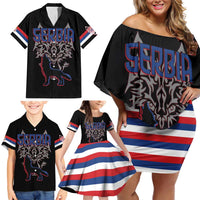Serbia Family Matching Off Shoulder Short Dress and Hawaiian Shirt with Wolf Head Graphic, Howling Wolf, and National Flag Stripes
