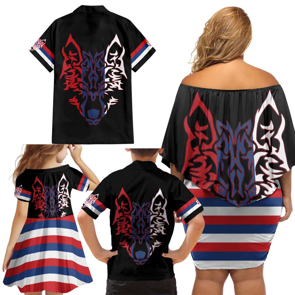 Serbia Family Matching Off Shoulder Short Dress and Hawaiian Shirt with Wolf Head Graphic, Howling Wolf, and National Flag Stripes