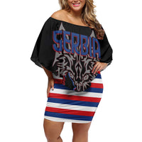 Serbia Family Matching Off Shoulder Short Dress and Hawaiian Shirt with Wolf Head Graphic, Howling Wolf, and National Flag Stripes