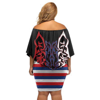 Serbia Family Matching Off Shoulder Short Dress and Hawaiian Shirt with Wolf Head Graphic, Howling Wolf, and National Flag Stripes