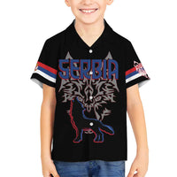 Serbia Family Matching Off Shoulder Short Dress and Hawaiian Shirt with Wolf Head Graphic, Howling Wolf, and National Flag Stripes