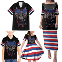 Serbia Family Matching Puletasi and Hawaiian Shirt with Wolf Head Graphic, Howling Wolf, and National Flag Stripes