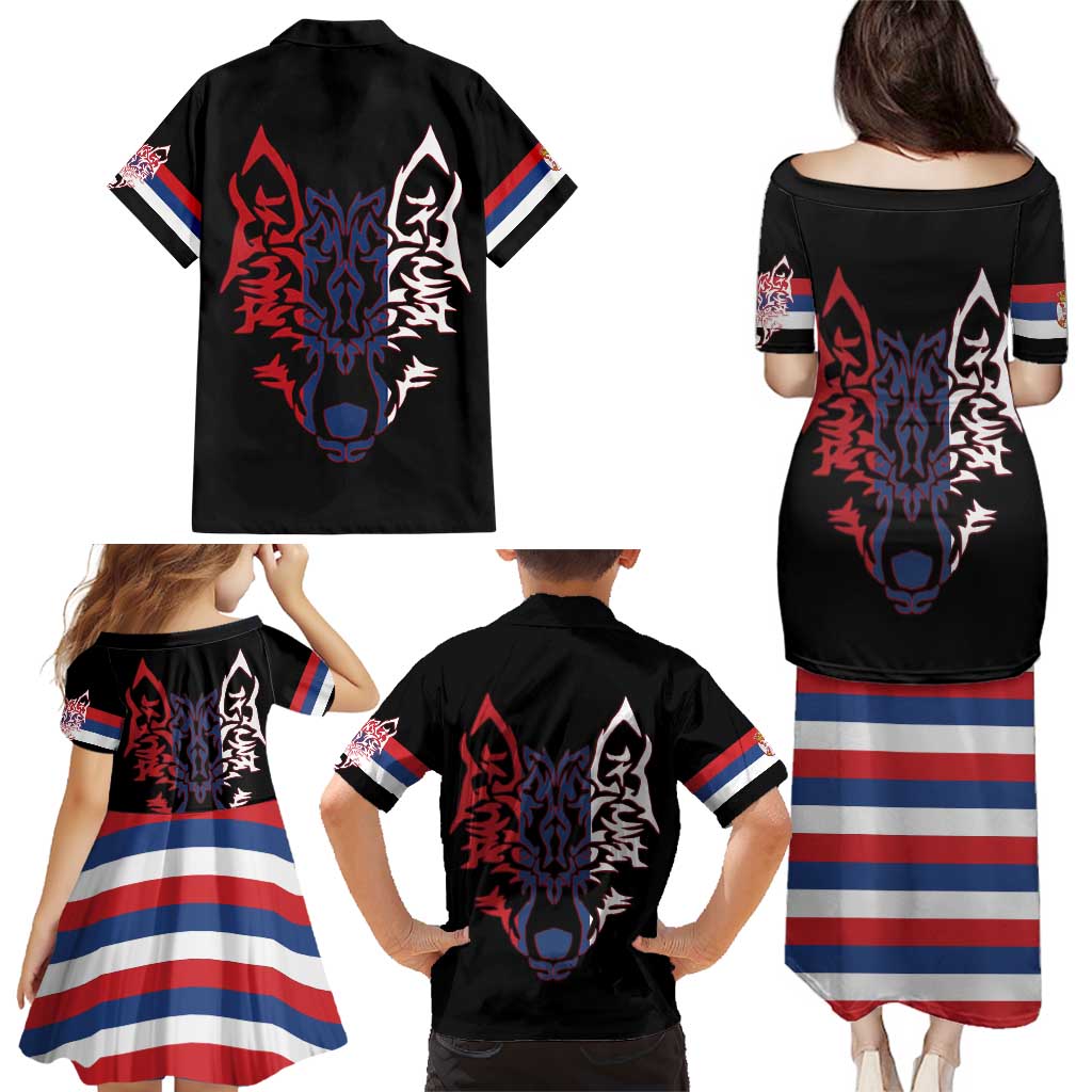 Serbia Family Matching Puletasi and Hawaiian Shirt with Wolf Head Graphic, Howling Wolf, and National Flag Stripes