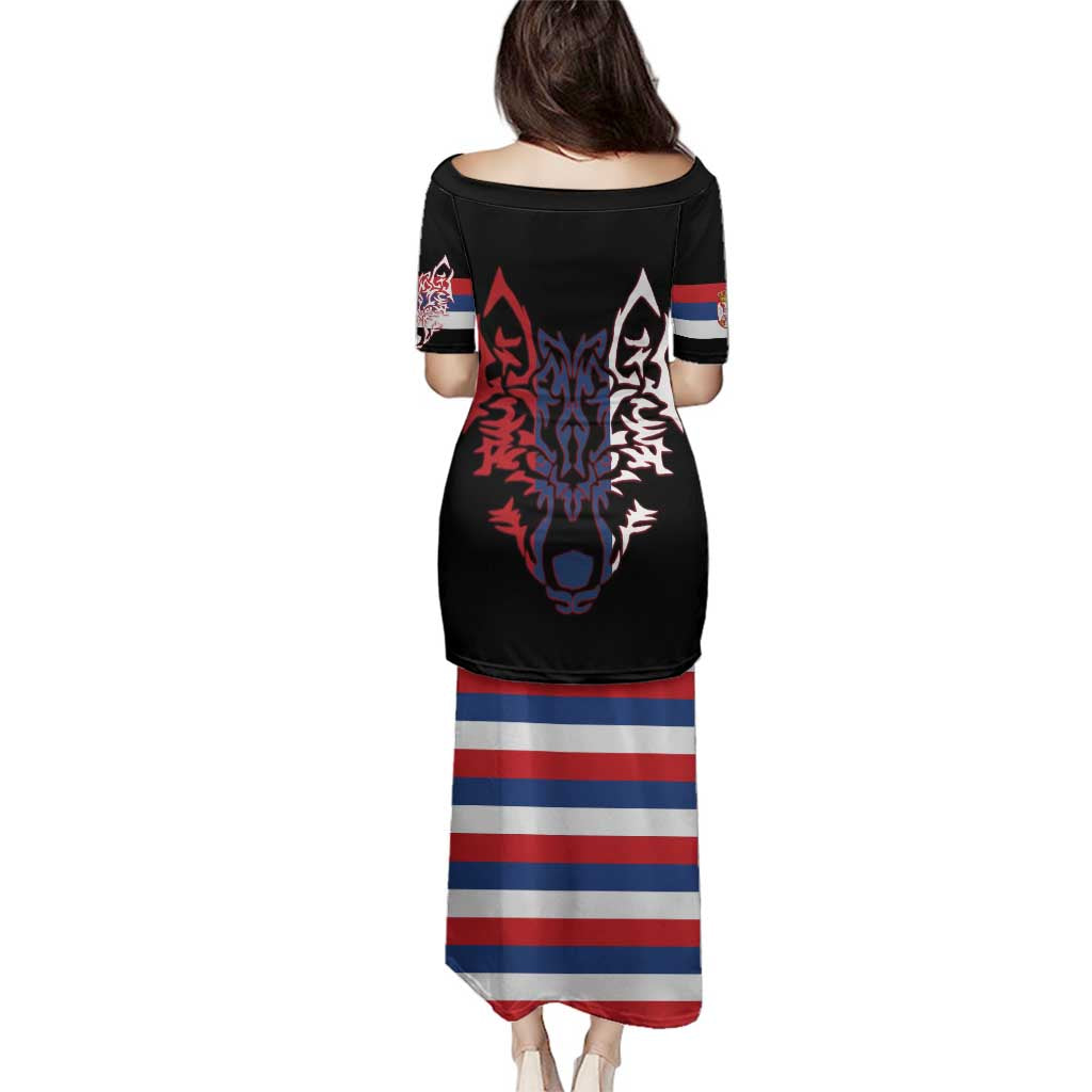 Serbia Family Matching Puletasi and Hawaiian Shirt with Wolf Head Graphic, Howling Wolf, and National Flag Stripes