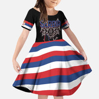 Serbia Family Matching Short Sleeve Bodycon Dress and Hawaiian Shirt with Wolf Head Graphic, Howling Wolf, and National Flag Stripes