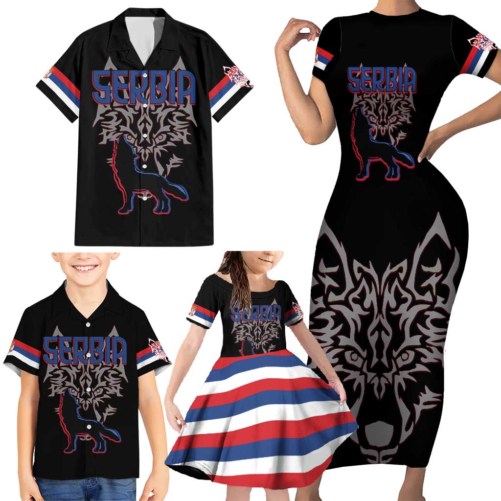 Serbia Family Matching Short Sleeve Bodycon Dress and Hawaiian Shirt with Wolf Head Graphic, Howling Wolf, and National Flag Stripes