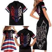 Serbia Family Matching Short Sleeve Bodycon Dress and Hawaiian Shirt with Wolf Head Graphic, Howling Wolf, and National Flag Stripes