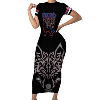 Serbia Family Matching Short Sleeve Bodycon Dress and Hawaiian Shirt with Wolf Head Graphic, Howling Wolf, and National Flag Stripes