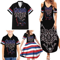 Serbia Family Matching Summer Maxi Dress and Hawaiian Shirt with Wolf Head Graphic, Howling Wolf, and National Flag Stripes