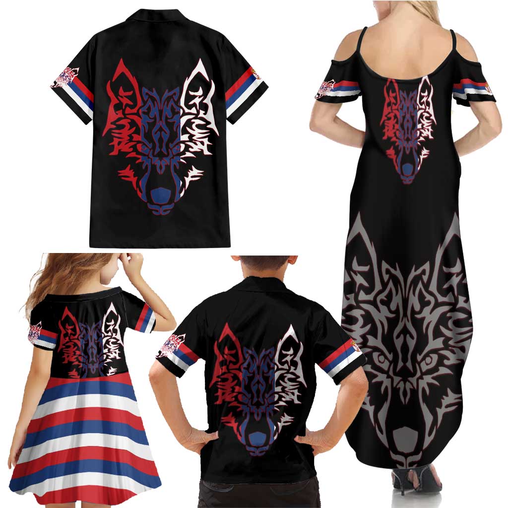 Serbia Family Matching Summer Maxi Dress and Hawaiian Shirt with Wolf Head Graphic, Howling Wolf, and National Flag Stripes