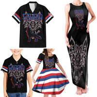 Serbia Family Matching Tank Maxi Dress and Hawaiian Shirt with Wolf Head Graphic, Howling Wolf, and National Flag Stripes