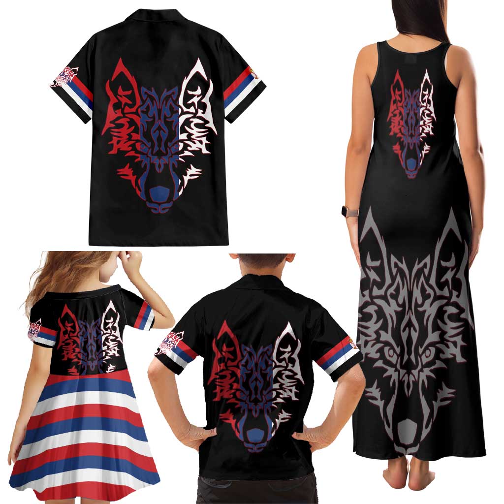 Serbia Family Matching Tank Maxi Dress and Hawaiian Shirt with Wolf Head Graphic, Howling Wolf, and National Flag Stripes