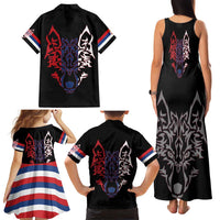 Serbia Family Matching Tank Maxi Dress and Hawaiian Shirt with Wolf Head Graphic, Howling Wolf, and National Flag Stripes