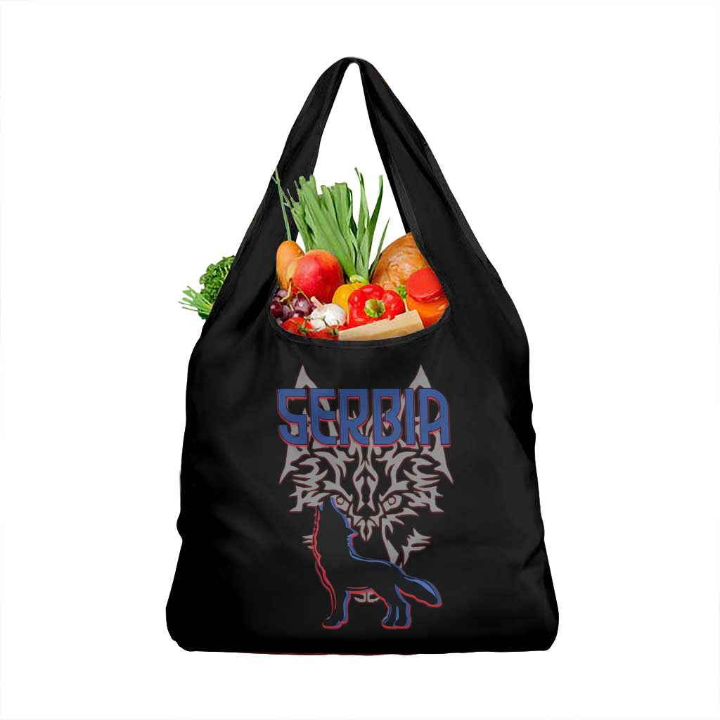 Serbia Grocery Bag with Wolf Head Graphic, Howling Wolf, and National Flag Stripes
