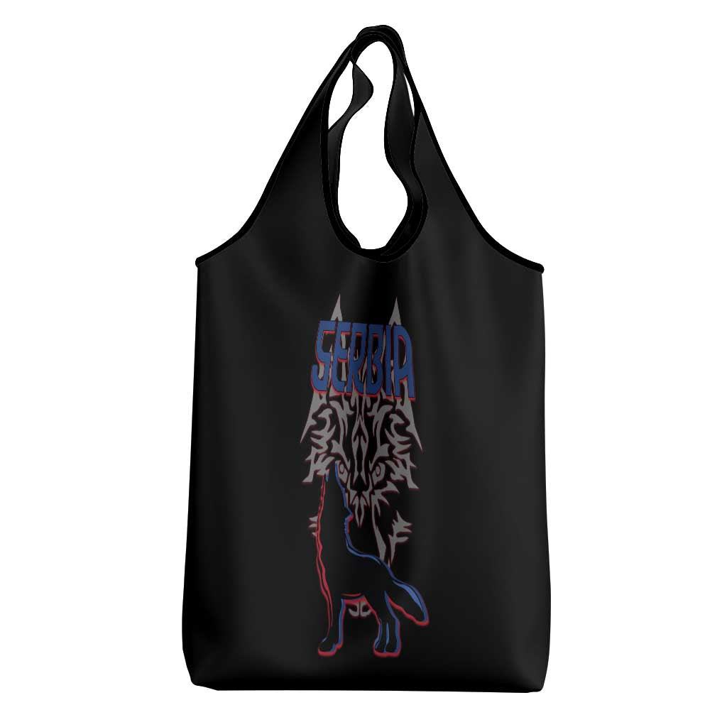 Serbia Grocery Bag with Wolf Head Graphic, Howling Wolf, and National Flag Stripes
