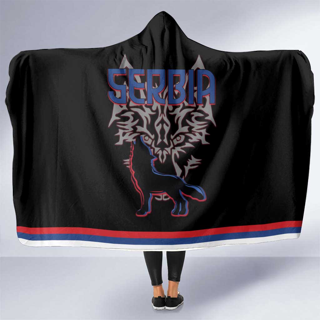 Serbia Hooded Blanket with Wolf Head Graphic, Howling Wolf, and National Flag Stripes