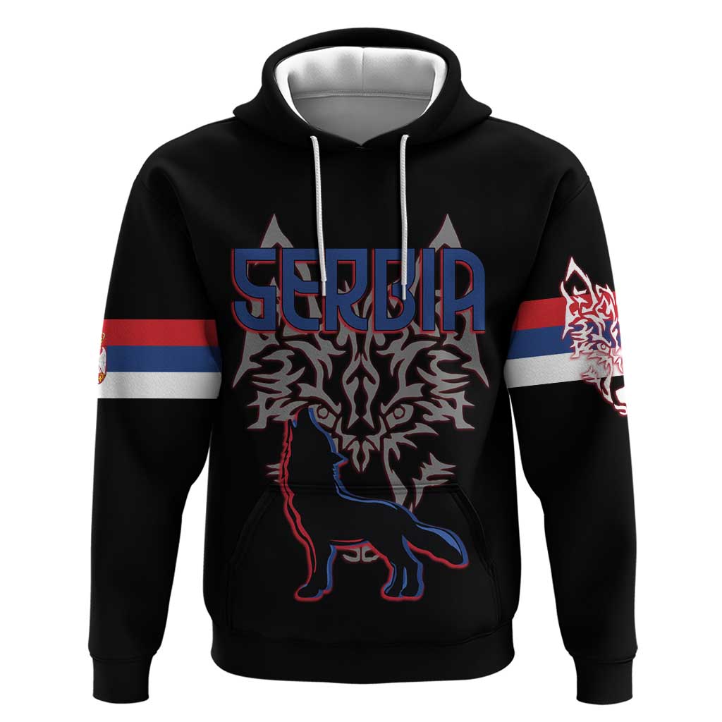 Serbia Hoodie with Wolf Head Graphic, Howling Wolf, and National Flag Stripes