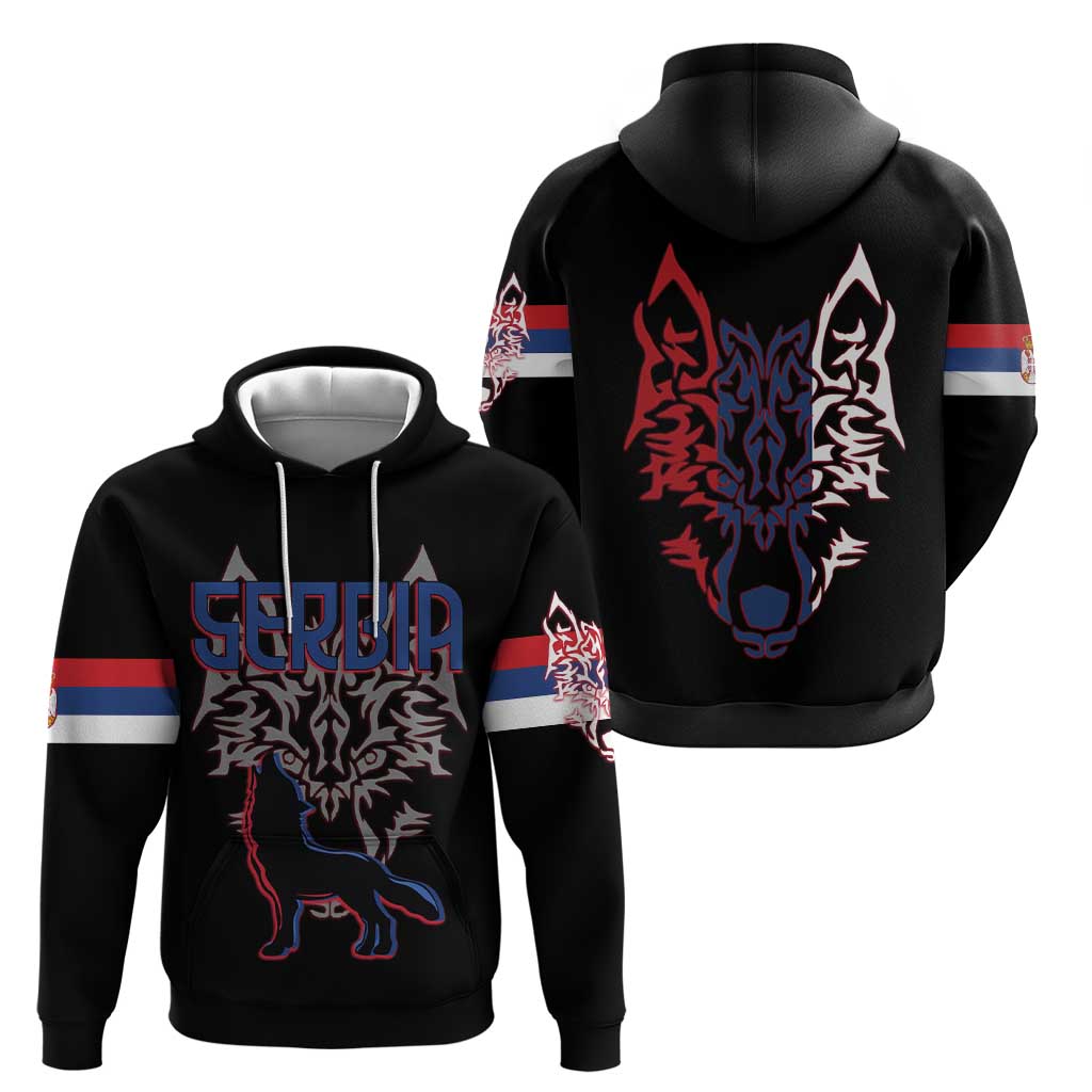 Serbia Hoodie with Wolf Head Graphic, Howling Wolf, and National Flag Stripes