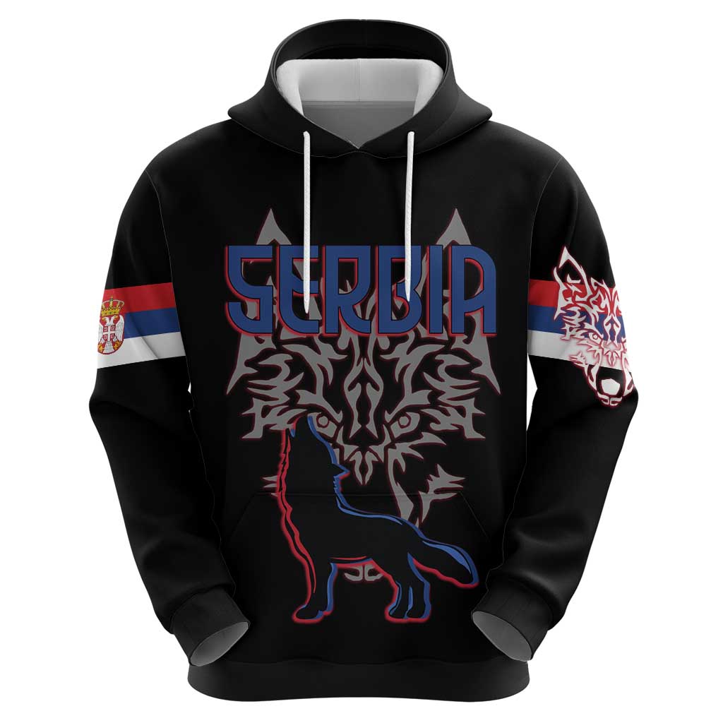Serbia Hoodie with Wolf Head Graphic, Howling Wolf, and National Flag Stripes
