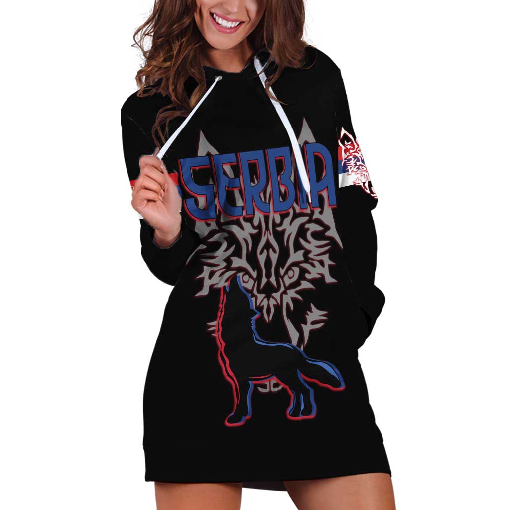 Serbia Hoodie Dress with Wolf Head Graphic, Howling Wolf, and National Flag Stripes