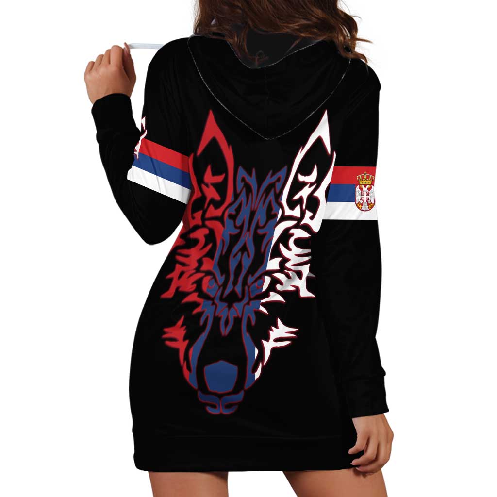 Serbia Hoodie Dress with Wolf Head Graphic, Howling Wolf, and National Flag Stripes