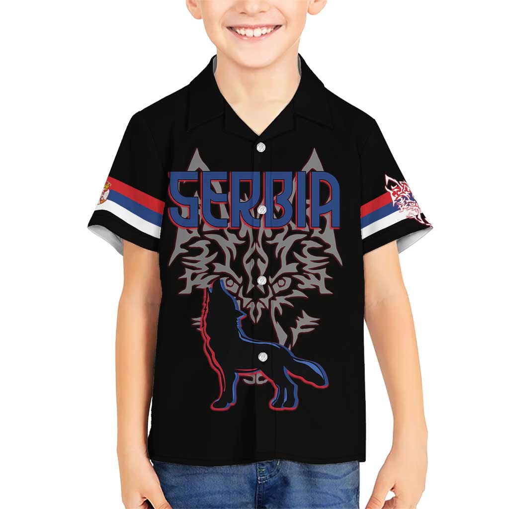 Serbia Kid Hawaiian Shirt with Wolf Head Graphic, Howling Wolf, and National Flag Stripes