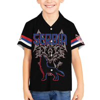 Serbia Kid Hawaiian Shirt with Wolf Head Graphic, Howling Wolf, and National Flag Stripes