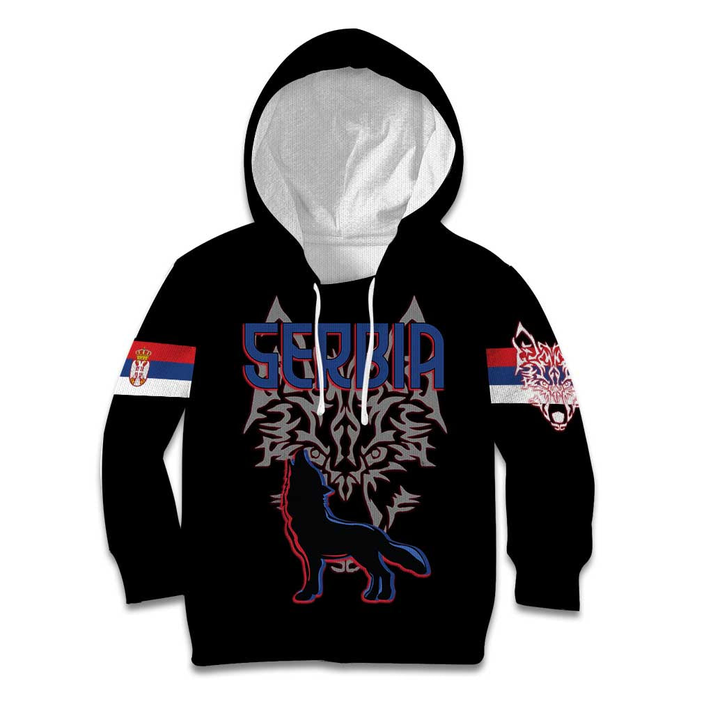 Serbia Kid Hoodie with Wolf Head Graphic, Howling Wolf, and National Flag Stripes