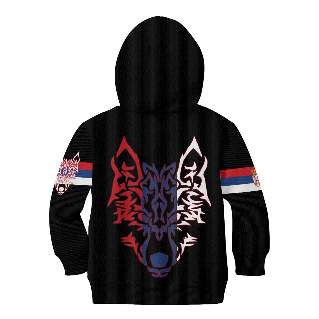 Serbia Kid Hoodie with Wolf Head Graphic, Howling Wolf, and National Flag Stripes