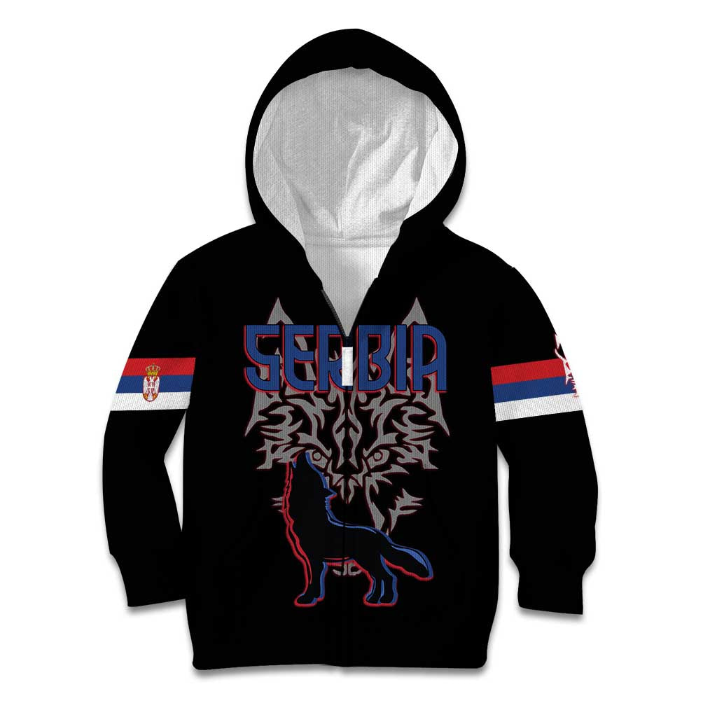 Serbia Kid Hoodie with Wolf Head Graphic, Howling Wolf, and National Flag Stripes