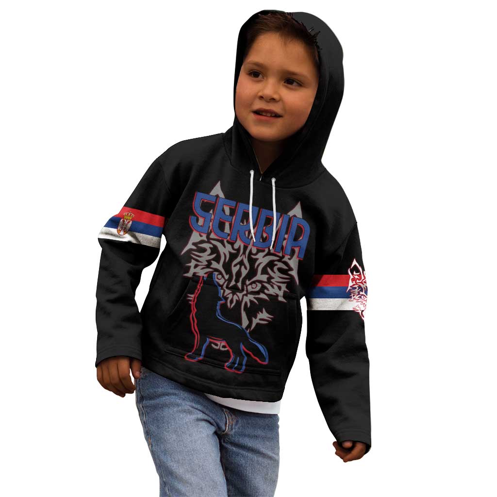 Serbia Kid Hoodie with Wolf Head Graphic, Howling Wolf, and National Flag Stripes