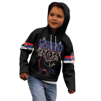 Serbia Kid Hoodie with Wolf Head Graphic, Howling Wolf, and National Flag Stripes