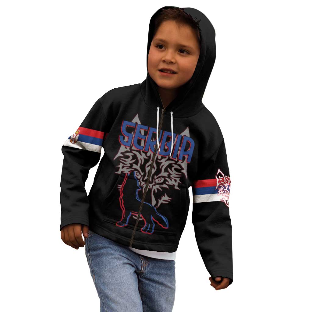 Serbia Kid Hoodie with Wolf Head Graphic, Howling Wolf, and National Flag Stripes