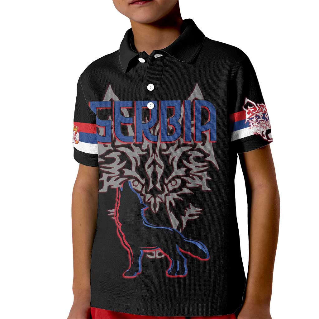 Serbia Kid Polo Shirt with Wolf Head Graphic, Howling Wolf, and National Flag Stripes
